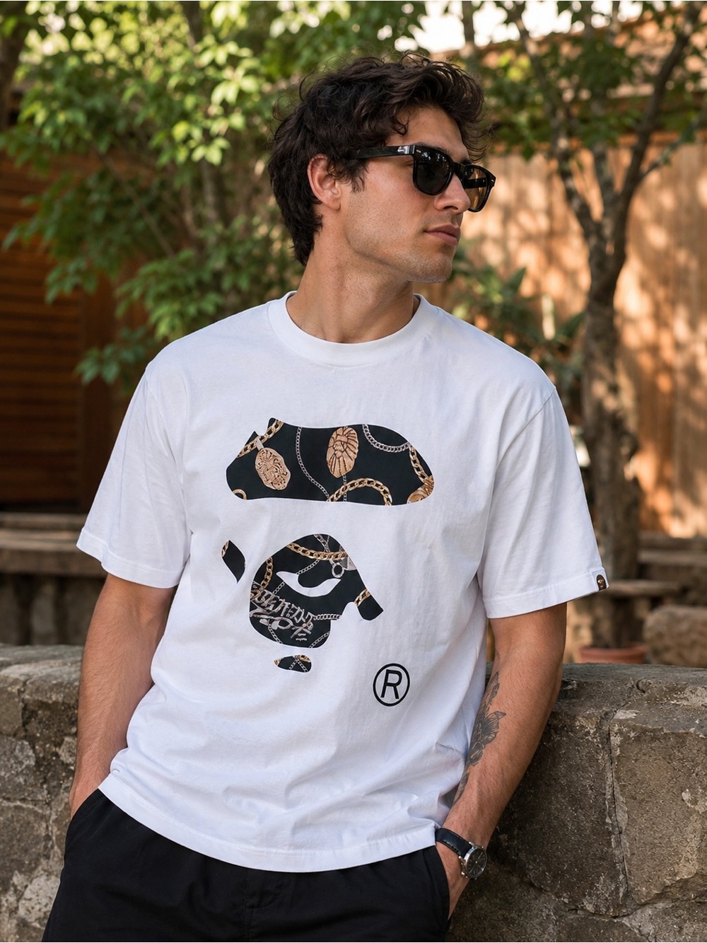 A Bathing Ape White Short Sleeve Tee w/ Patterned Face Graphic Jewel Ape print